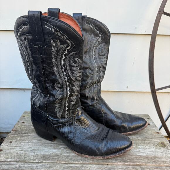 Dan Post DP2350R Men\'s Raleigh Western Boots Black Teju Lizard Round Toe 9 1/2EW